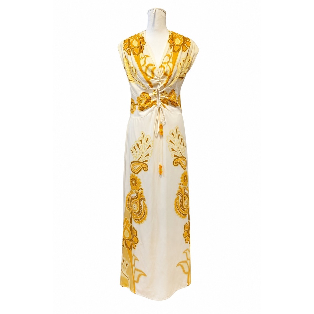 Farm Rio Anthropologie Maxi Dress XL Yellow Floral Retro Boho Tropical Chic - Picture 1 of 16
